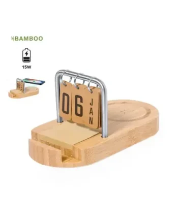 Cargador inalámbrico 15w en bambú con soporte y notas