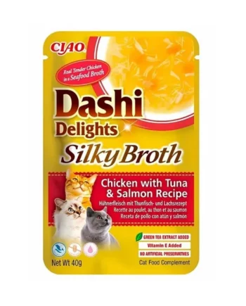 Dashi Silky Broth Caldo de Pollo, Atún y Salmón para Gato